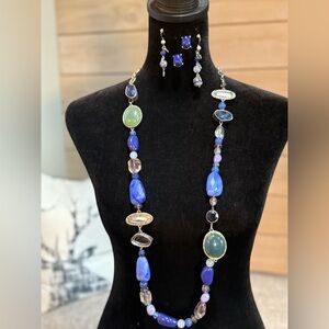 Chico's Blue and Green Beaded Long Necklace and Earring Set
